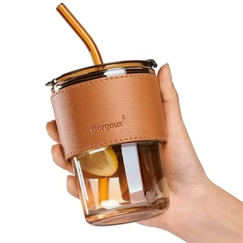 Bamboo Joint Glass Cup with Lid & Straw | 13oz Can-Shaped Tumbler with Leather Sleeve
