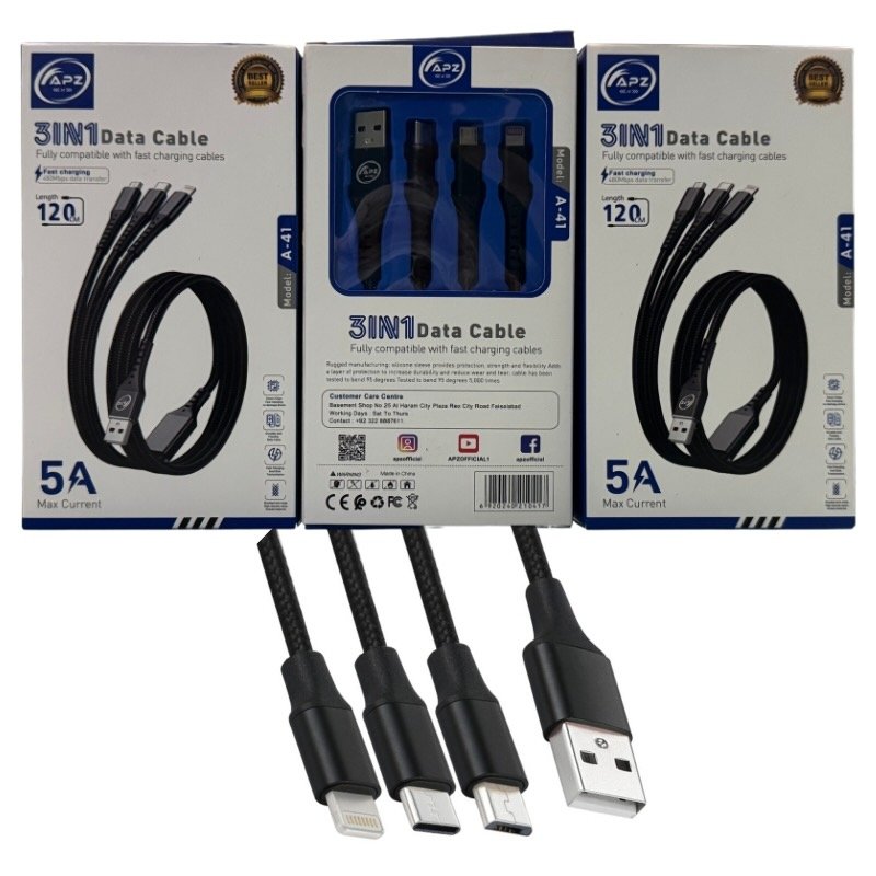 3-in-1 Fast Charging Cable 100W 480Mbps 120cm Type-C Micro Lightning Durable Design