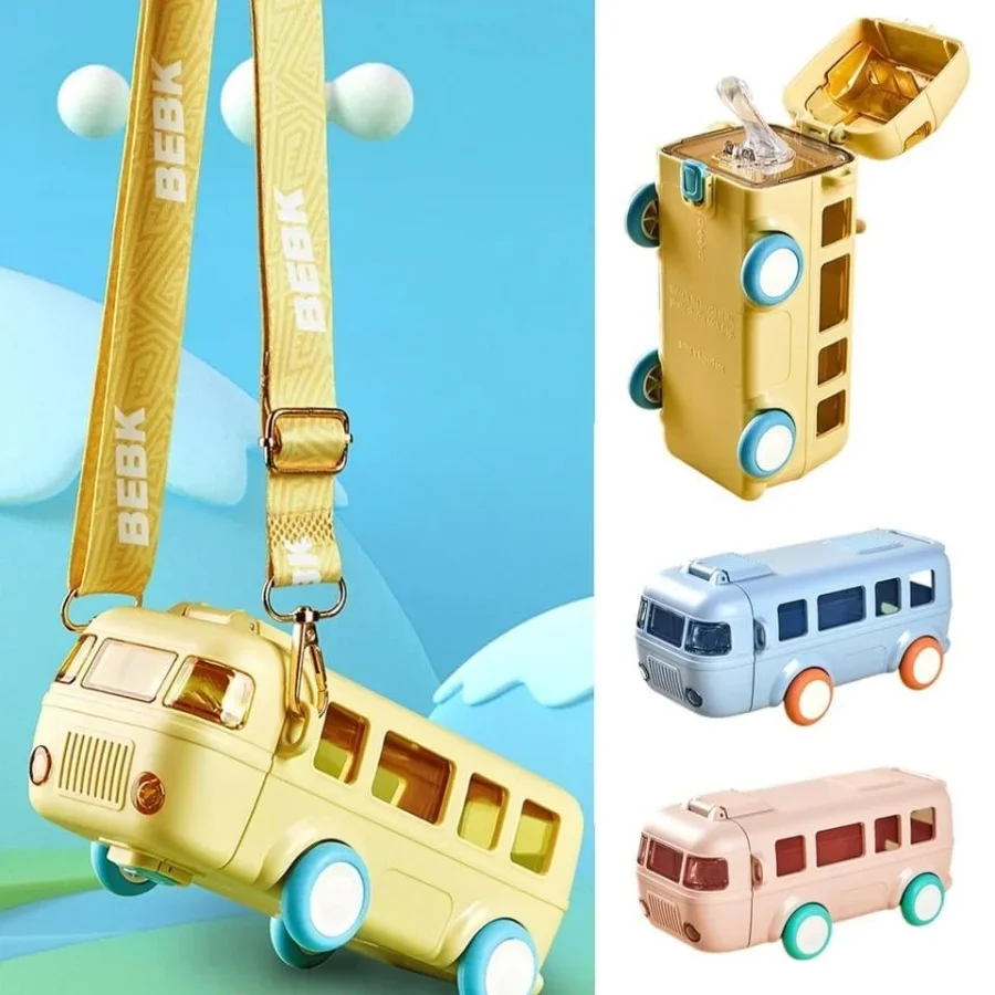 Bus Shape School Water Bottle | 500ml | With Strap | Cute & Leak-Proof | Random Color