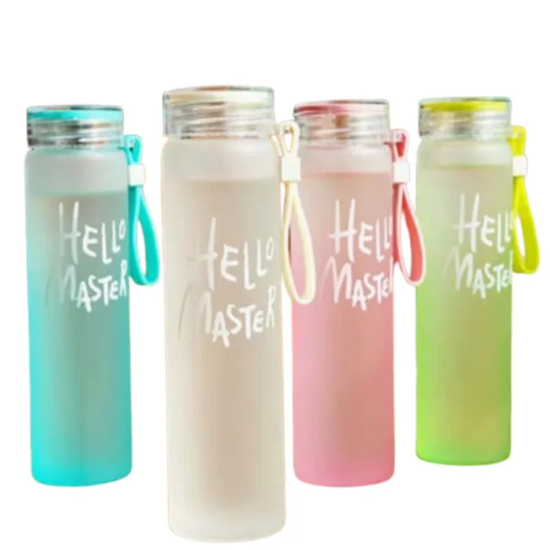 Multicolor Frosted Glass Water Bottle  |  Leak-Proof Insulated Bottle with Hello Master Decal Logo | 400ml