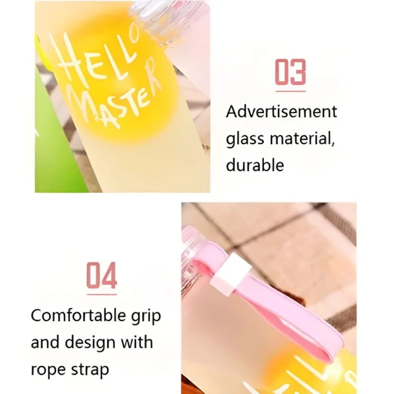 Multicolor Frosted Glass Water Bottle  |  Leak-Proof Insulated Bottle with Hello Master Decal Logo | 400ml