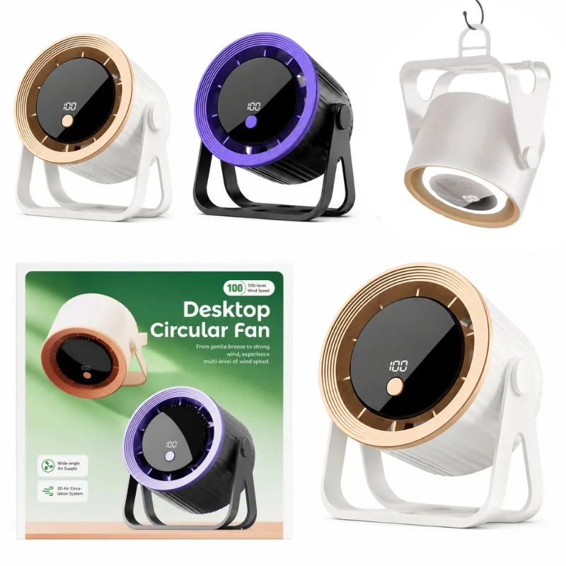 Desktop Circular Rechargeable Fan with 360? Adjustable Airflow | Model QL-02 | Quiet Personal Cooling Fan for Home, Office & Bedroom | Random Color