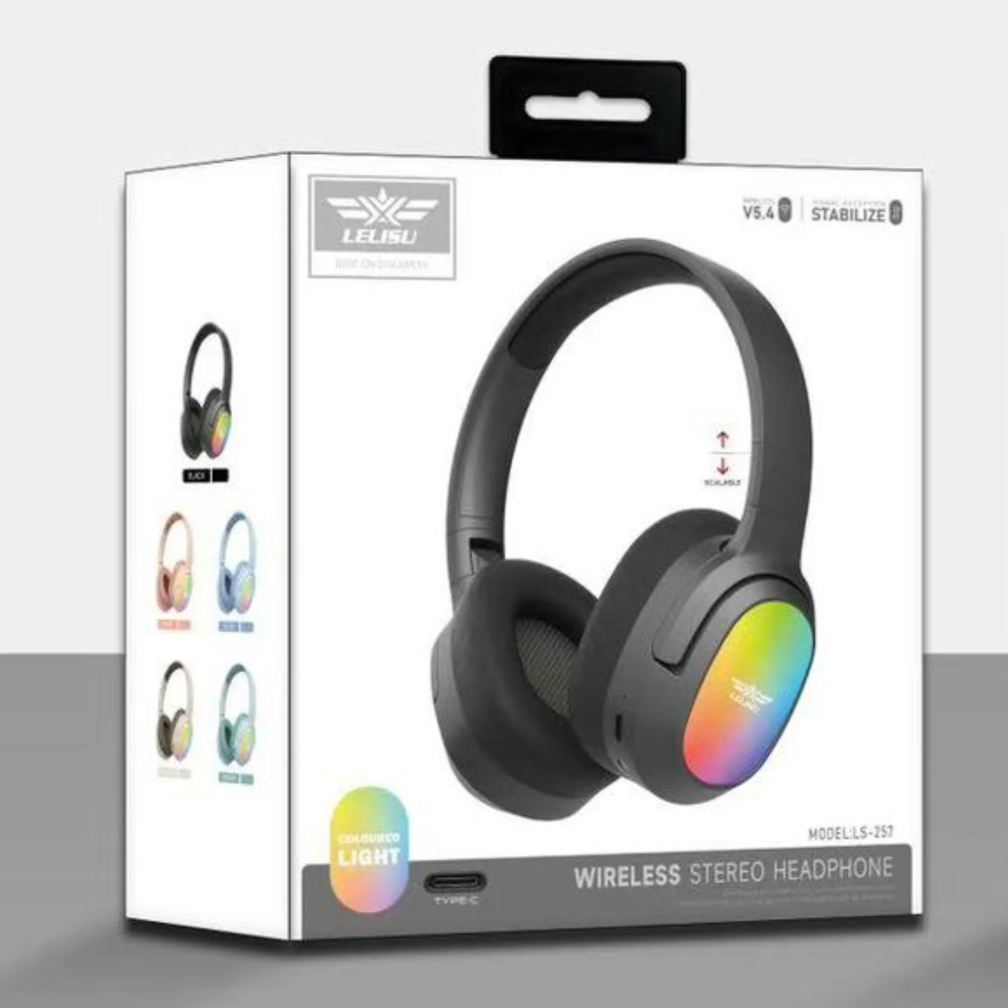 Lelisu LS-257 Wireless Stereo Headphones | Bluetooth 5.4 Over-Ear Headset with Type-C Charging & LED Lights